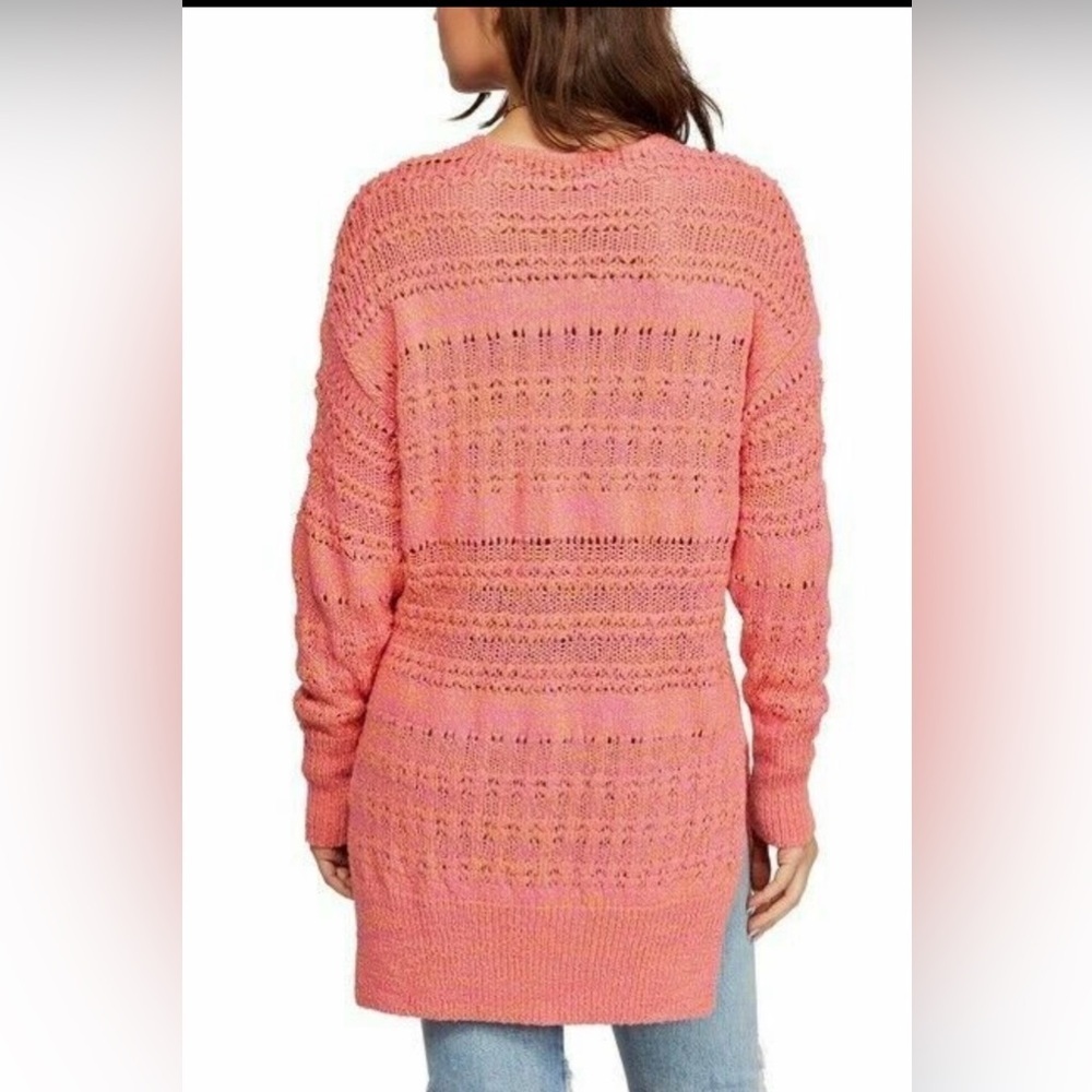 Free People Coral Pink Open Knit Oversized V-Neck Sweater Tunic Medium - Picture 3 of 15